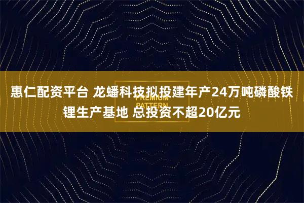 惠仁配资平台 龙蟠科技拟投建年产24万吨磷酸铁锂生产基地 总投资不超20亿元