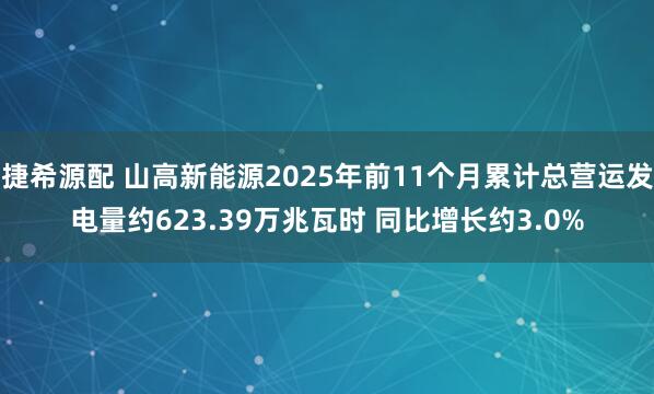 捷希源配 山高新能源2025年前11个月累计总营运发电量约623.39万兆瓦时 同比增长约3.0%